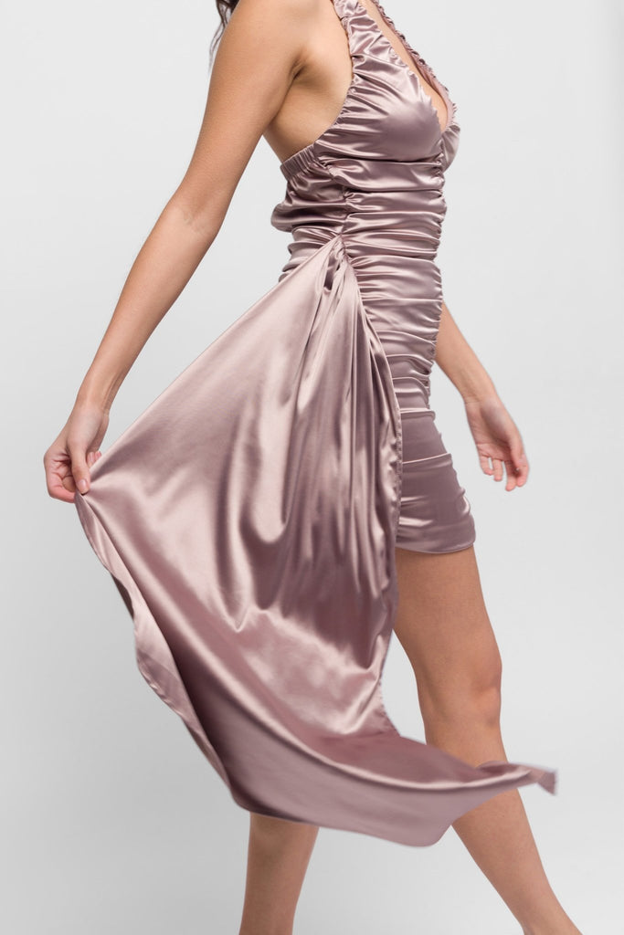 Sall Satin Ruched Champagne Dress with Drape. Luxe & Alluring - Jadedroselondon