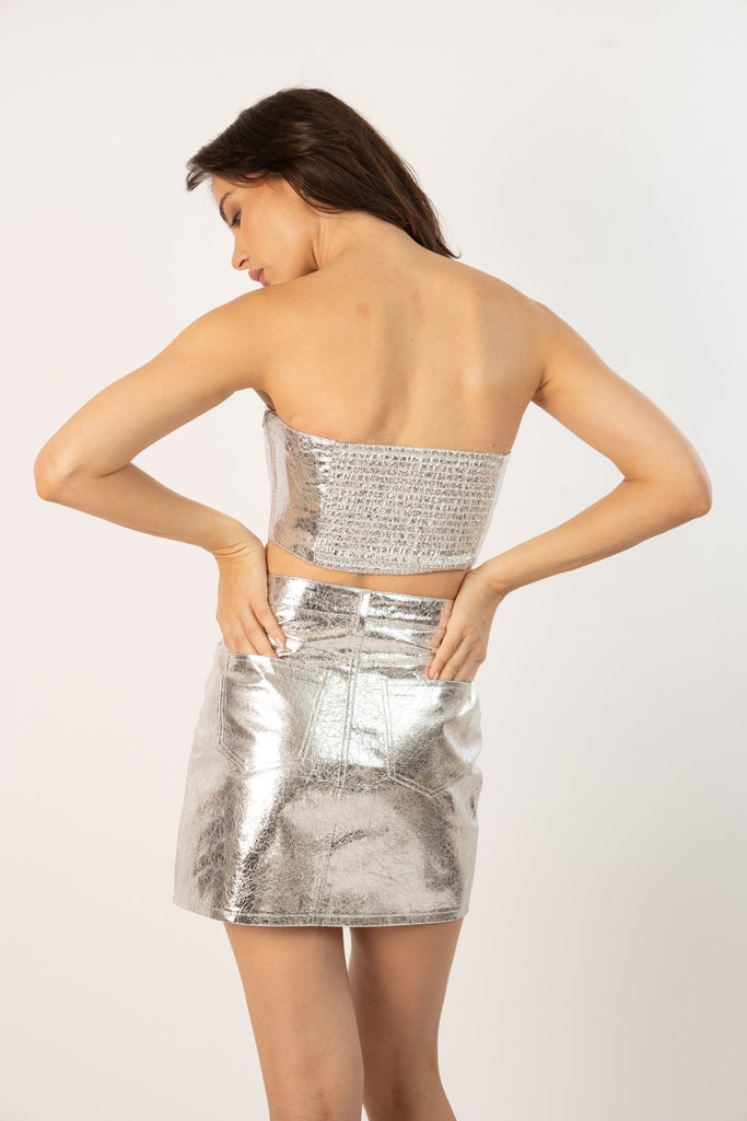 Seja Mini Skirt - Metallic Silver Skirt With Button for Easy On/Off - Jadedroselondon