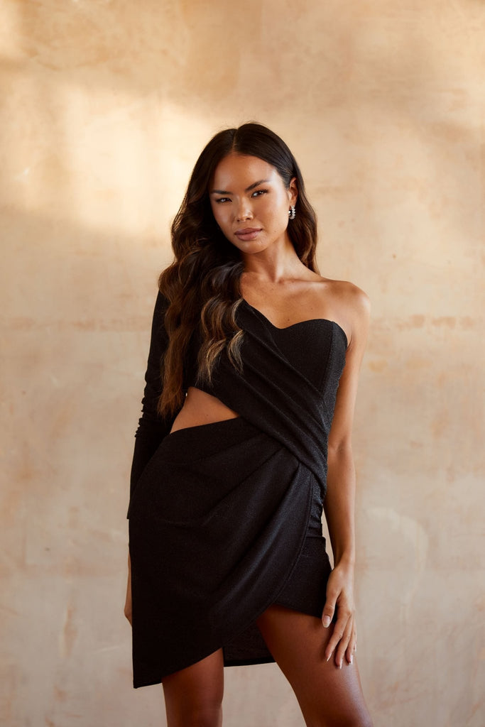 Shanez One Shoulder Mini Dress in Black - Jadedroselondon