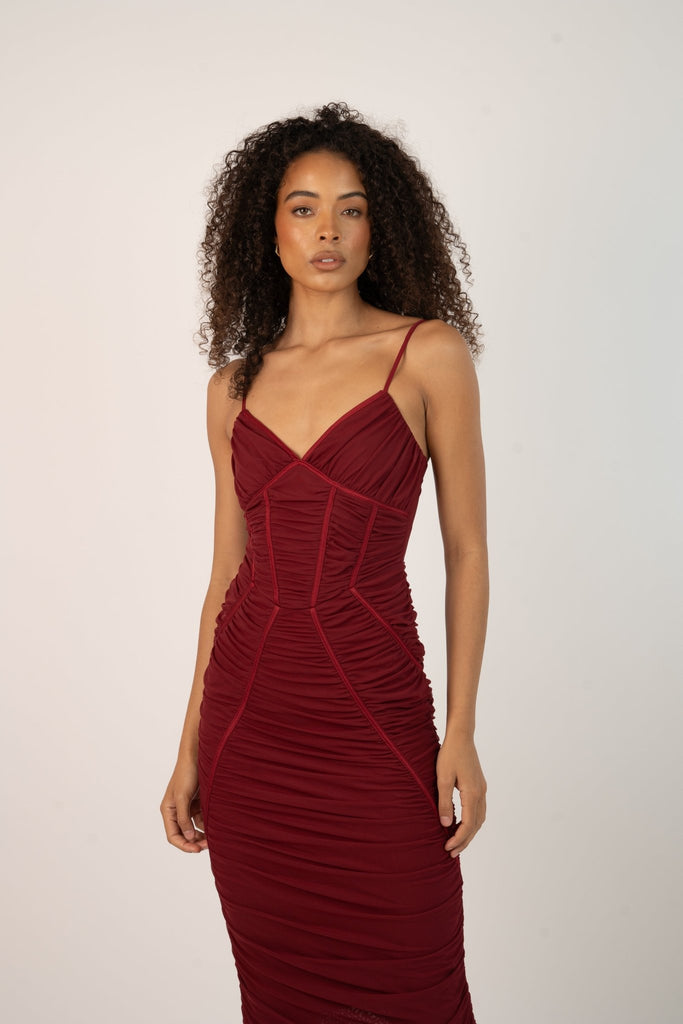 Sheena Midaxi Dress - Ruched in Burgandy with Boning Detail - Jadedroselondon