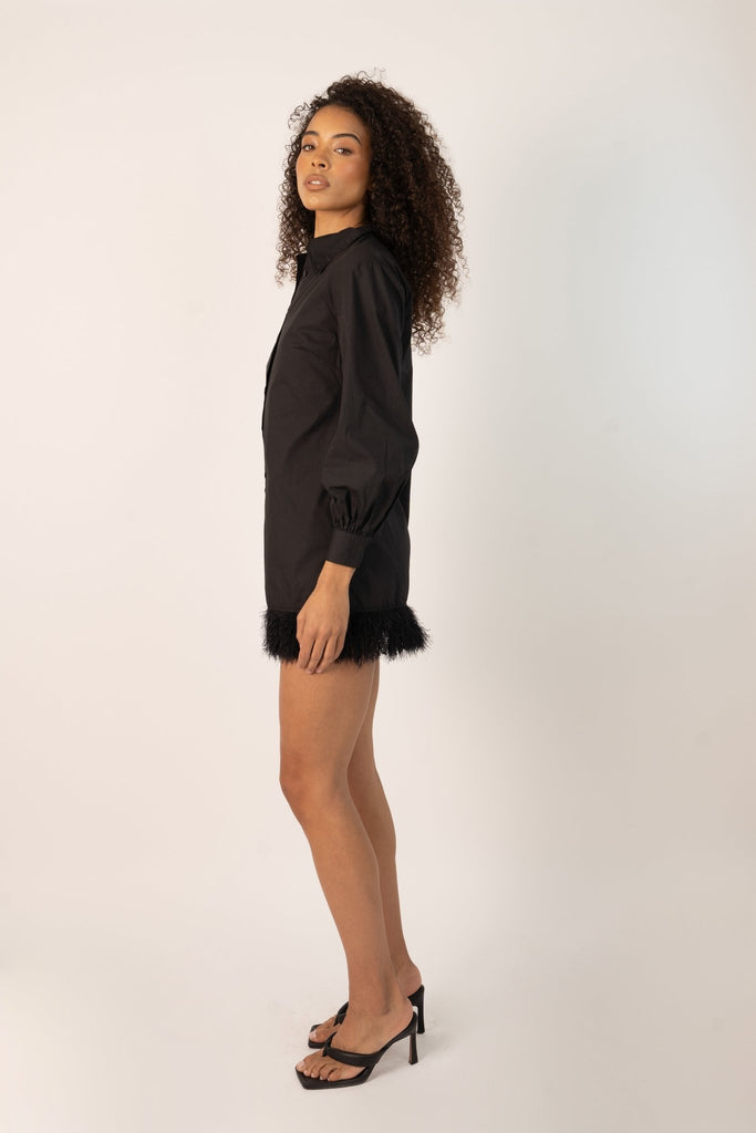 Siya Shirt Dress in Black with Fur Hem - Jadedroselondon