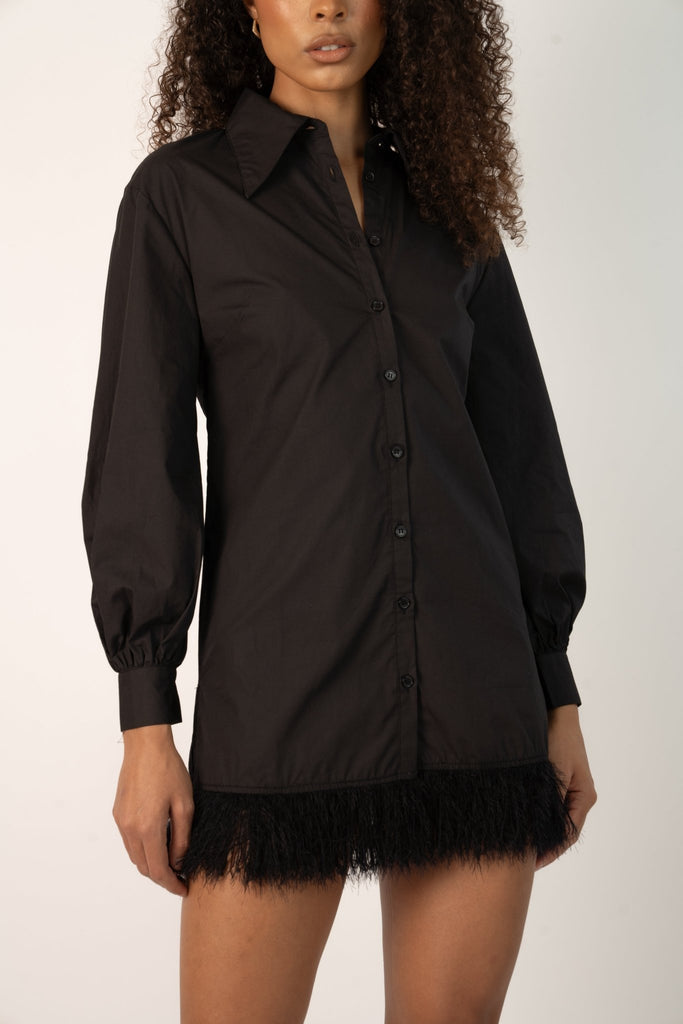 Siya Shirt Dress in Black with Fur Hem - Jadedroselondon