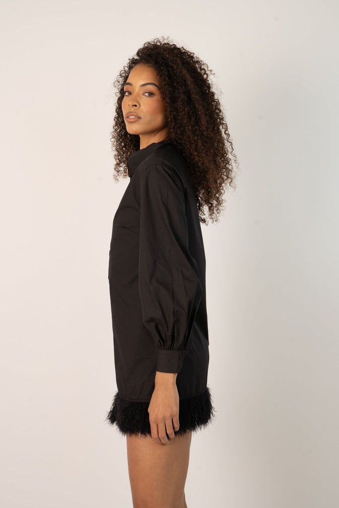 Siya Shirt Dress in Black with Fur Hem - Jadedroselondon