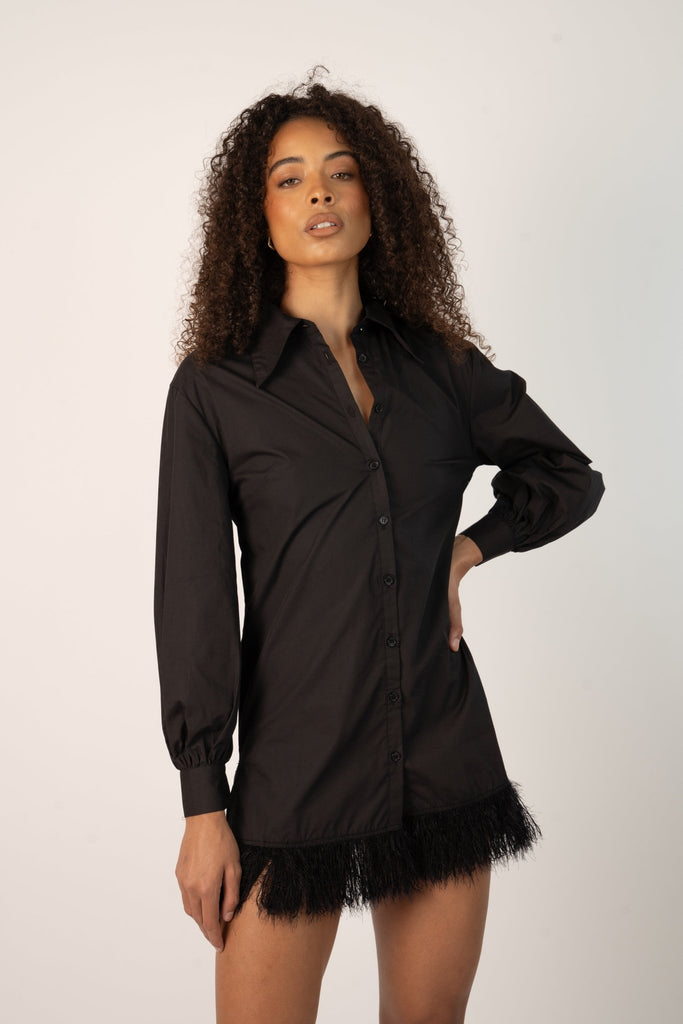 Siya Shirt Dress in Black with Fur Hem - Jadedroselondon