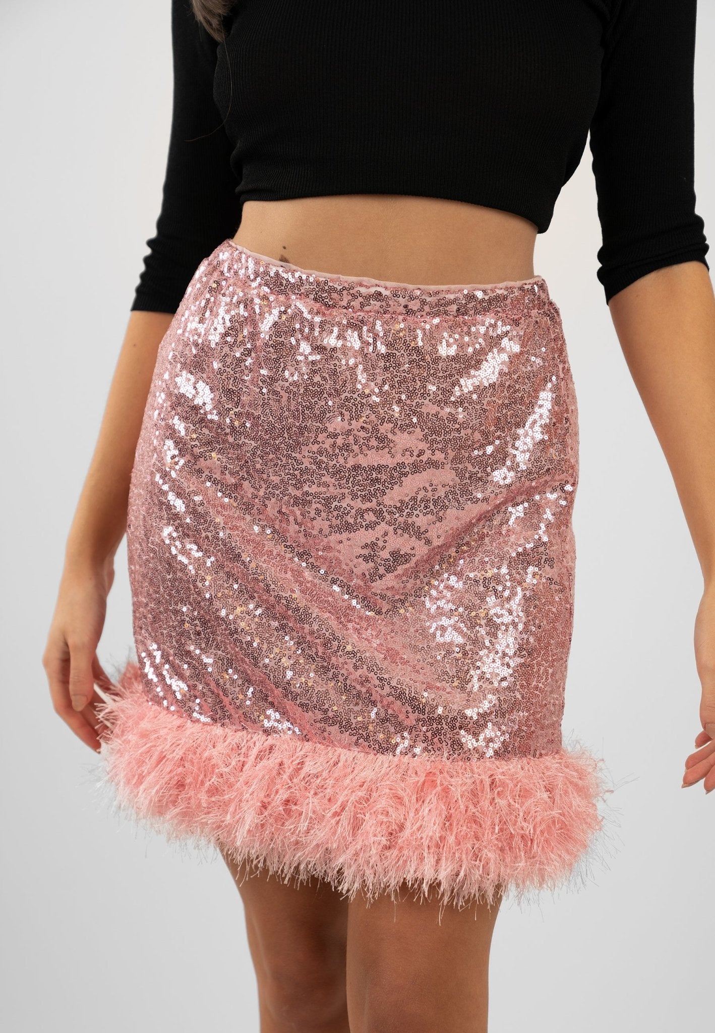 Taffy Pink Sequin Mini Skirt with Fur Hem