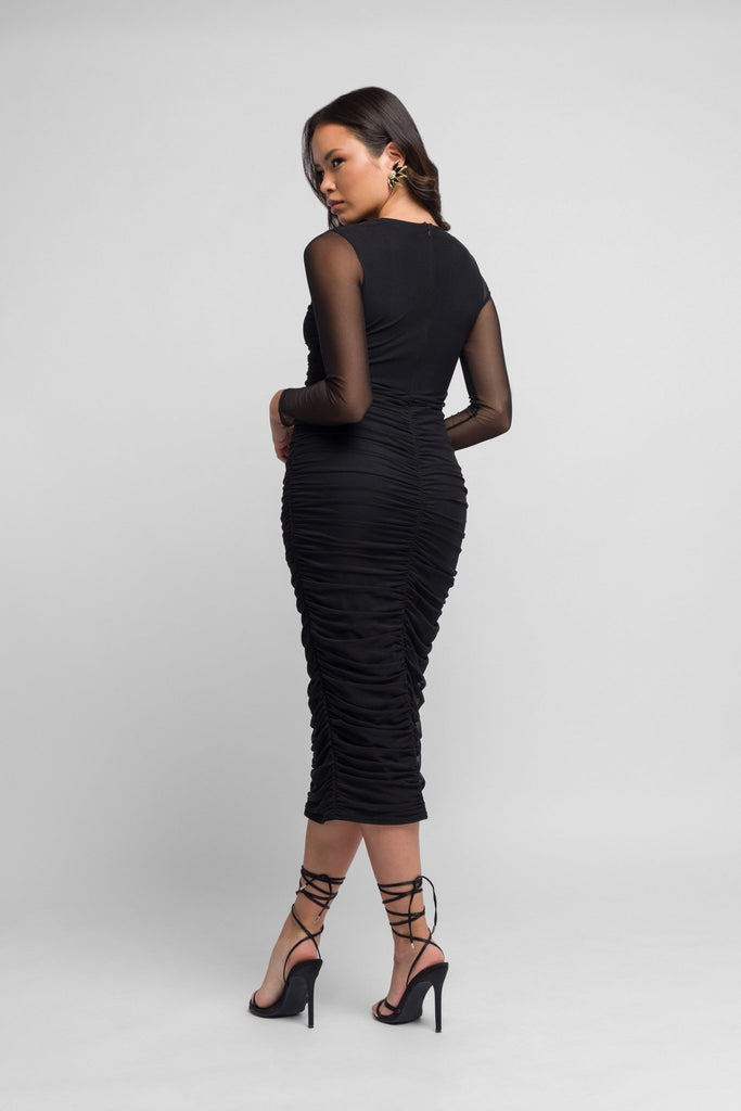 Taji Midaxi Dress with Ruching and mesh sleeves - Jadedroselondon