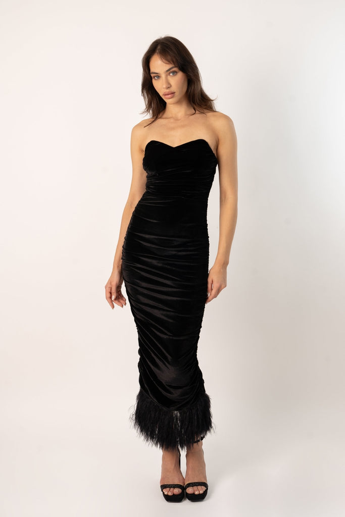 Vel Black Velvet Maxi Dress with Fur Hem - Jadedroselondon