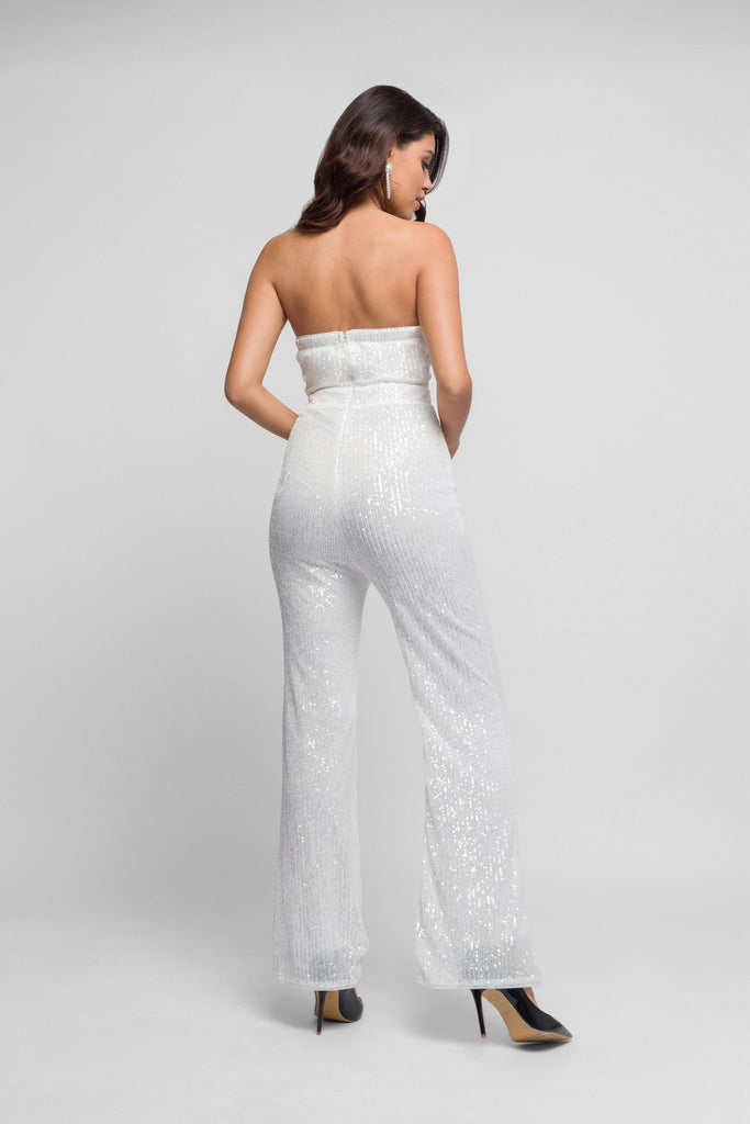 Veria White Sequins Jumpsuit With boning and flared trousers - Jadedroselondon