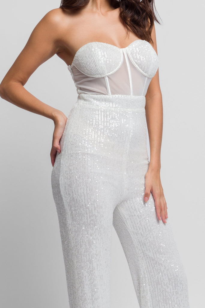 Veria White Sequins Jumpsuit With boning and flared trousers - Jadedroselondon
