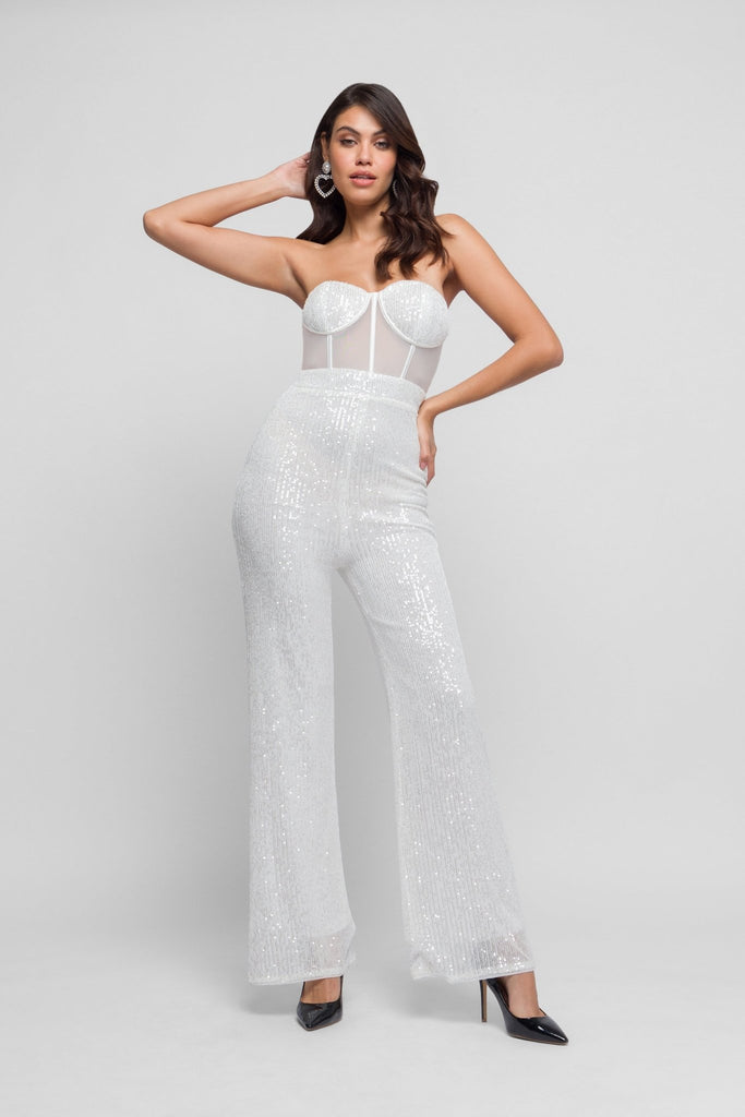 Veria White Sequins Jumpsuit With boning and flared trousers - Jadedroselondon