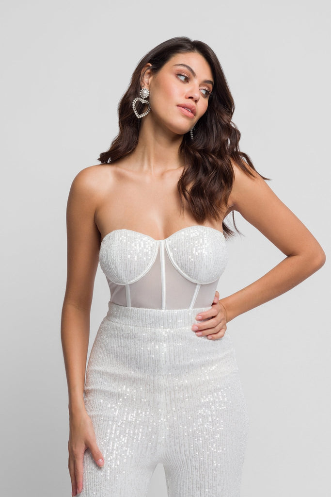 Veria White Sequins Jumpsuit With boning and flared trousers - Jadedroselondon