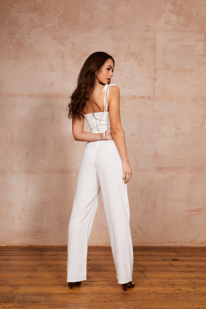 Why Top and Bottom - Ruched Cup Corset Top and High Waist Wide Leg Trousers - Jadedroselondon
